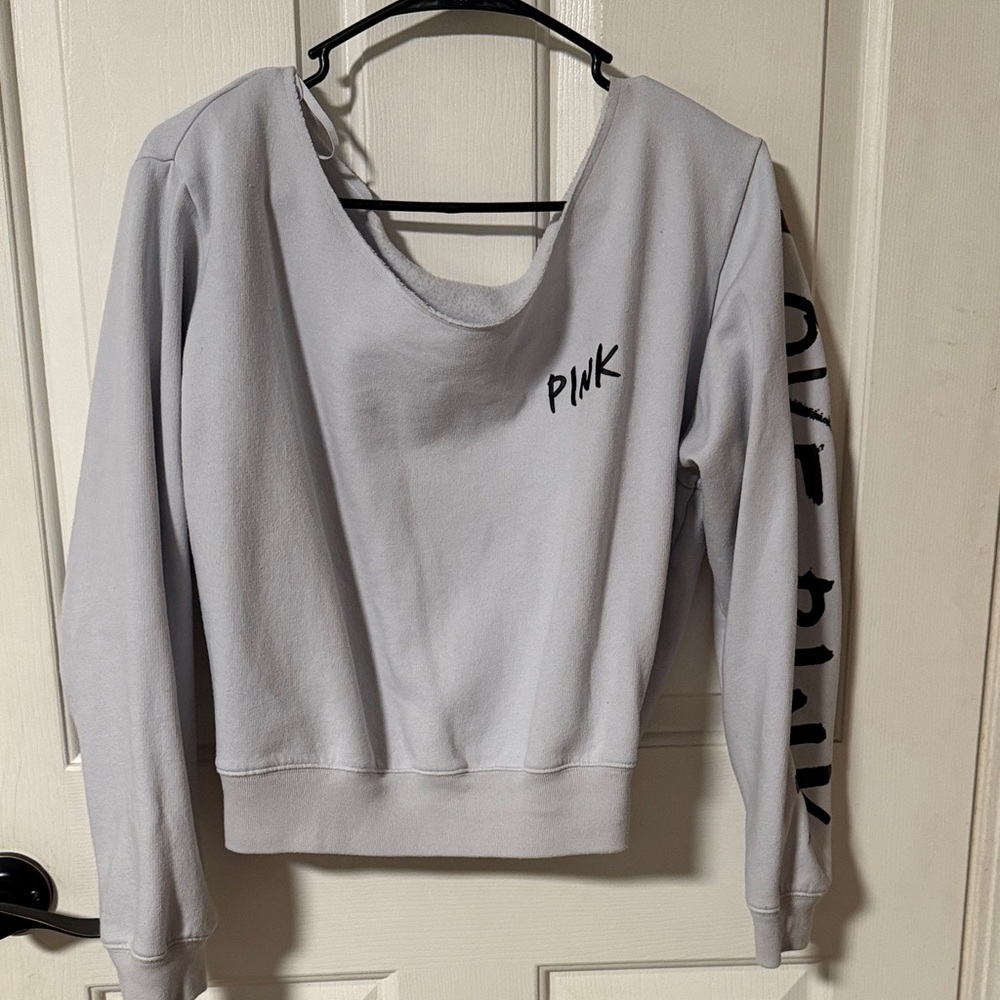 PINK Victoria's Secret Light Blue Sweatshirt with Logo Sleeve